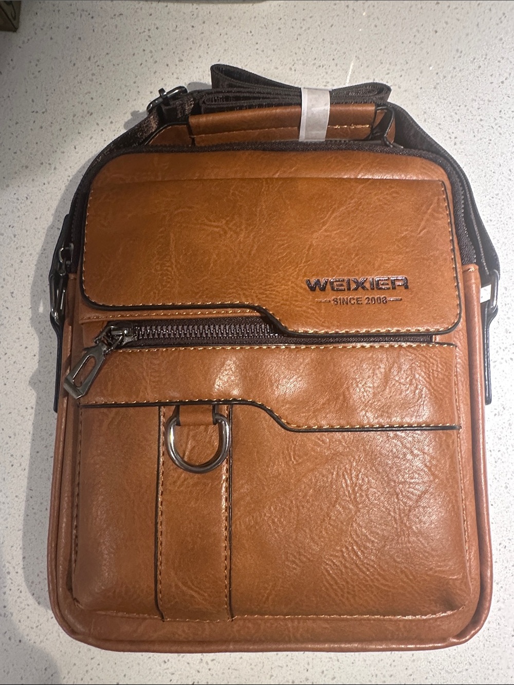 WEIXIER Men's Cognac Leather Messenger Crossbody